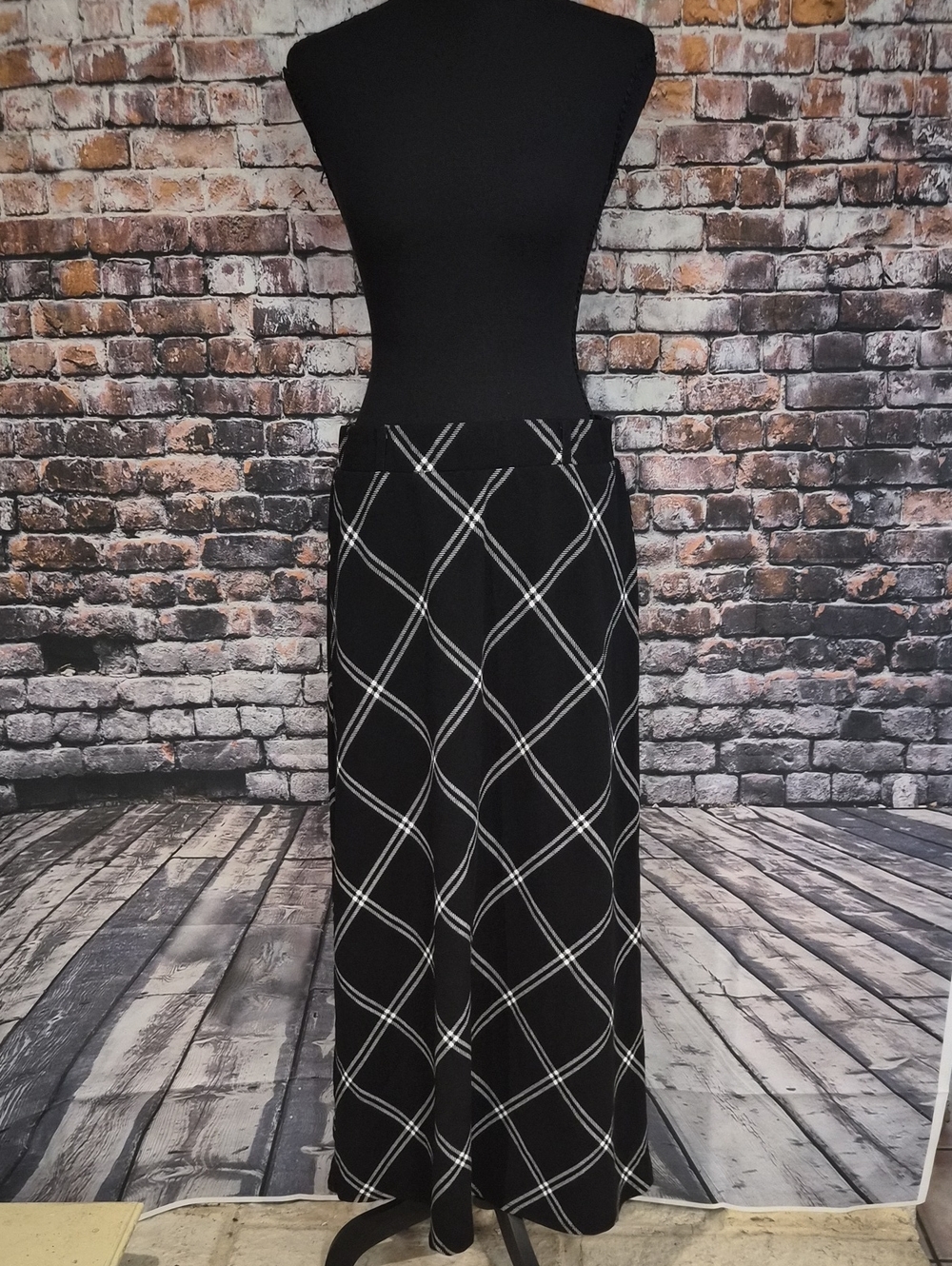 Black Maxi Skirt with White Windowpane Plaid
